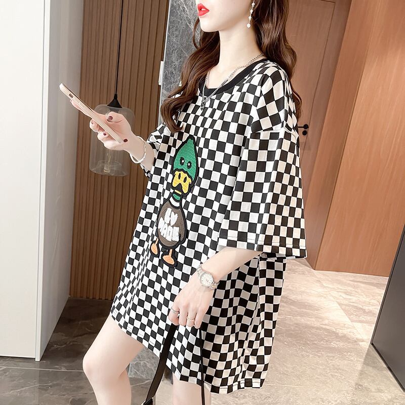 新商品 プリントTシャツ チェック柄 ゆったり半袖＜F-8694＞