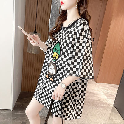 新商品 プリントTシャツ チェック柄 ゆったり半袖＜F-8694＞