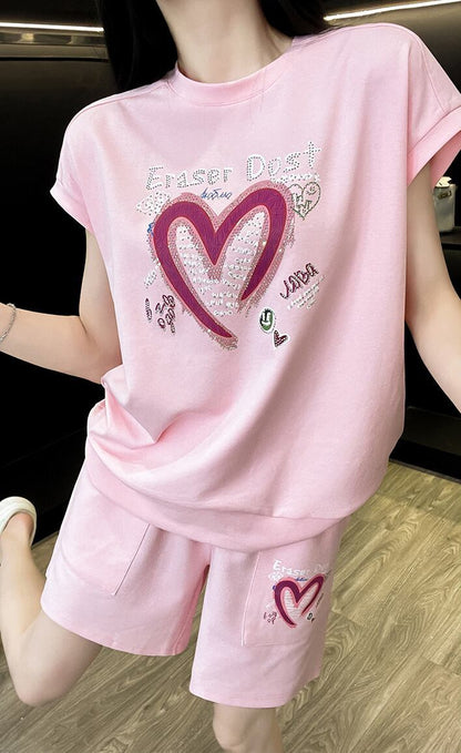 超人気 ホットダイヤモンド カジュアル プリント 半袖Tシャツ ショートパンツ セットアップ ＜F-9215＞