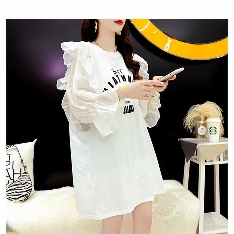 女子力アップ アルファベット パフスリーブ プリント ロングTシャツ ゆったりワンピース ＜F-3054＞