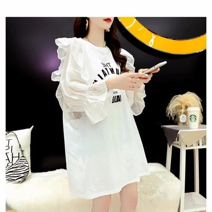 女子力アップ アルファベット パフスリーブ プリント ロングTシャツ ゆったりワンピース ＜F-3054＞