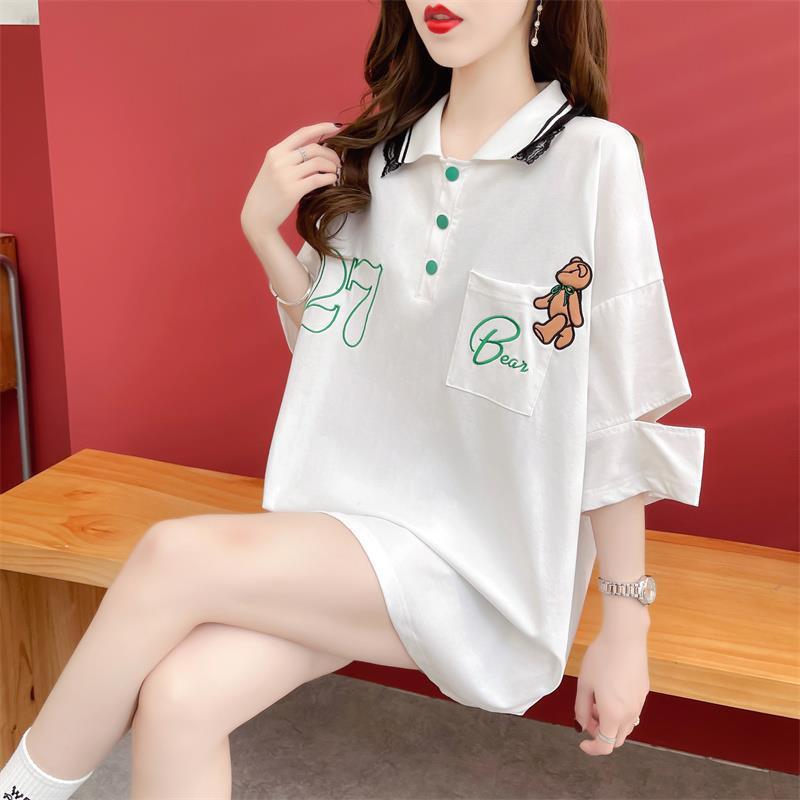 POLOネック   ベアー ロング Tシャツ 三色 ゆったりワンピース＜F-3991＞
