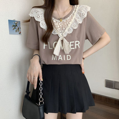 超人気 レース スウィート 切り替え プリント 3色選択 半袖Tシャツ＜F-8825＞