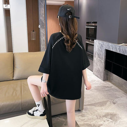 超人気商品 ロング アルファベット プリントTシャツ 三色 ゆったり半袖 ＜F-4019＞