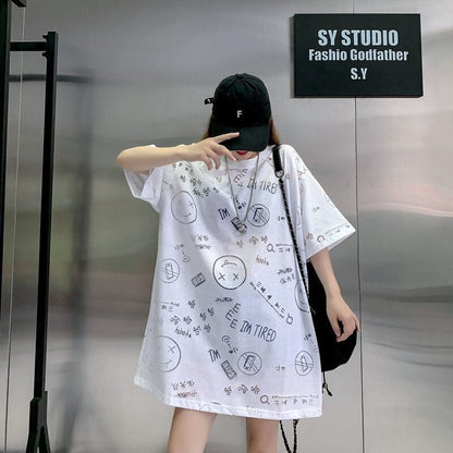 売り切れ必至 ゆったり ファッション感満々 ロング丈 3色半袖Tシャツ＜F-9086＞