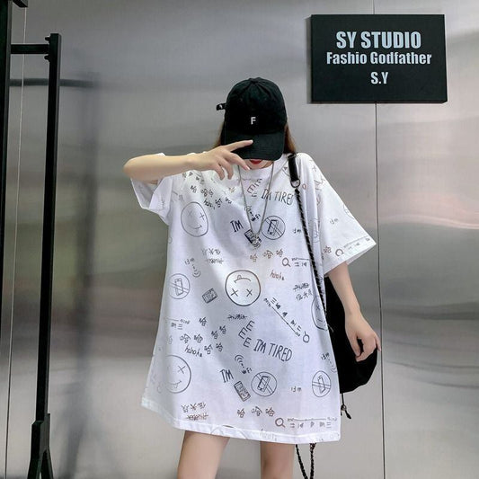 売り切れ必至 ゆったり ファッション感満々 ロング丈 3色半袖Tシャツ＜F-9086＞