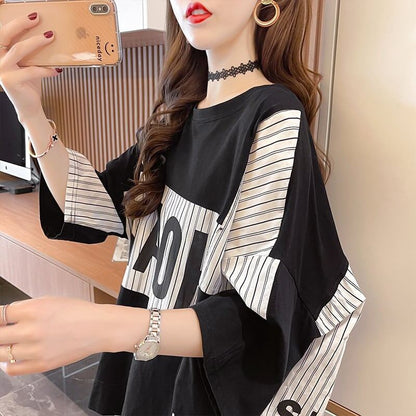 大好評   ストライプ柄 ロング Tシャツ 三色 ゆったりワンピース ＜F-4012＞