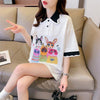 デザインセンスゆったりプリントトップラペルTシャツポロシャツ<F-2898>