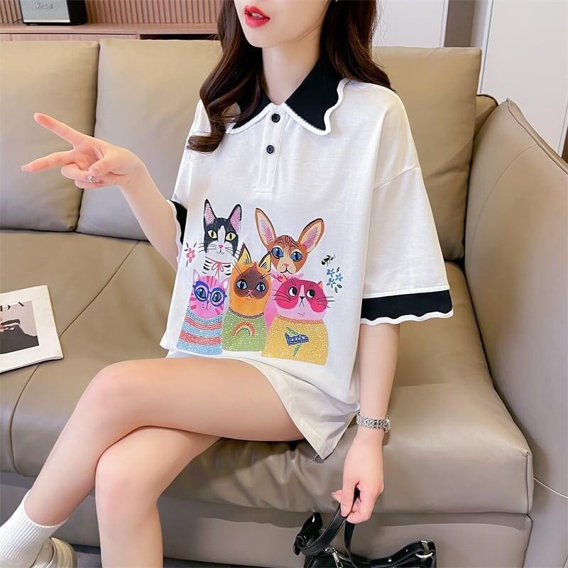 デザインセンスゆったりプリントトップラペルTシャツポロシャツ<F-2898>