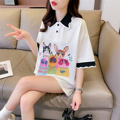 デザインセンスゆったりプリントトップラペルTシャツポロシャツ<F-2898>