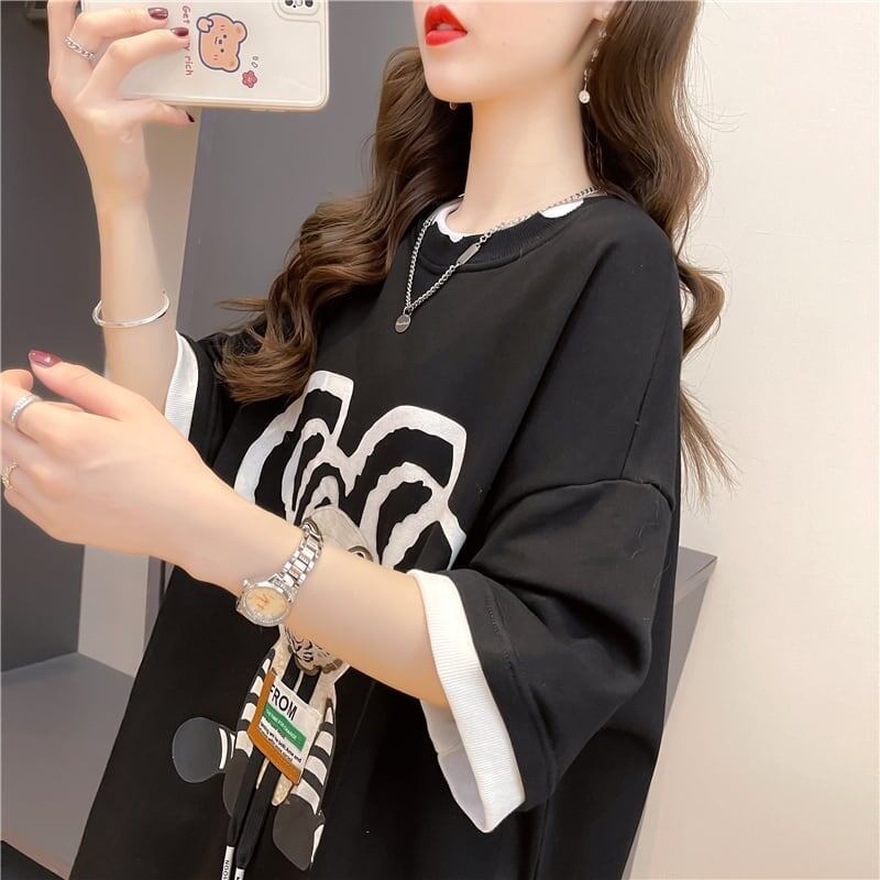 気質ルーズ漫画プリントミッドレングス半袖Tシャツ<F-3026>