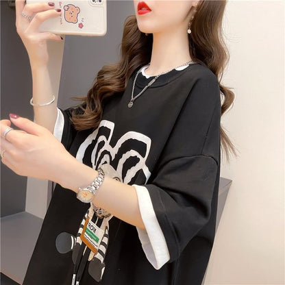 気質ルーズ漫画プリントミッドレングス半袖Tシャツ<F-3026>