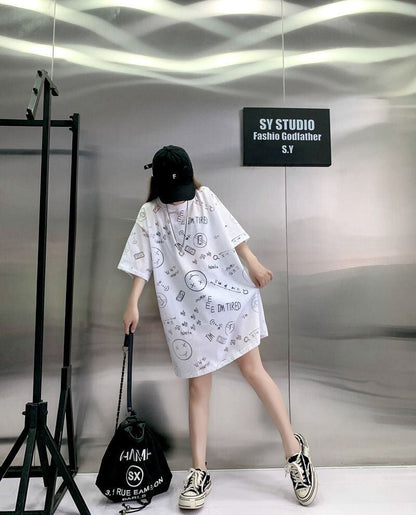 売り切れ必至 ゆったり ファッション感満々 ロング丈 3色半袖Tシャツ＜F-9086＞