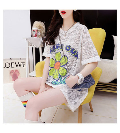 【半額！期間限定！！】新商品 切り替え 一目惚れ 透かし彫り プリント Tシャツ カットソー＜F-8523＞