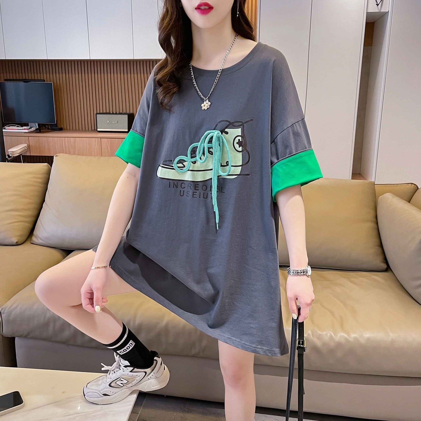 韓国系   ラウンドネック Tシャツ ゆったり半袖 ＜F-2988＞
