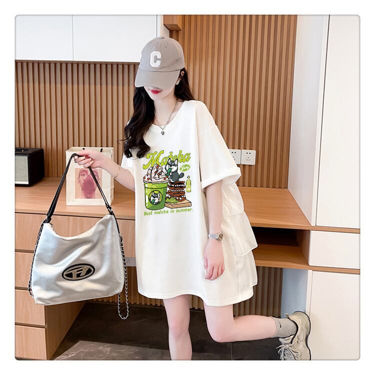 着回し力抜群 切り替え プリント ロング Tシャツ ゆったり半袖 Tシャツ ＜F-8498＞