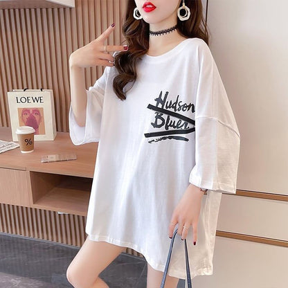 【人気商品再入荷！】   デザイン個性ゆったりミドル丈半袖Tシャツ<F-3036>