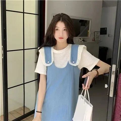 美人度アップ デニム 大人可愛い 全2色 半袖Tシャツ+サスペンダースカート セットF-8782