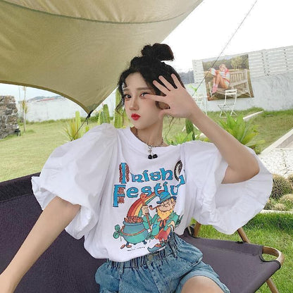 キュート プリント ファッション ゆったり 全4色 半袖 Tシャツ＜F-11521＞