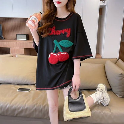 おすすめ新作 Tシャツ チェリー刺 ゆったり半袖＜F-2971＞