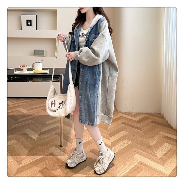 都市ファッショ デザイン オシャレ デザイン性抜群 デニム 切り替え ゆったりコートF-9804