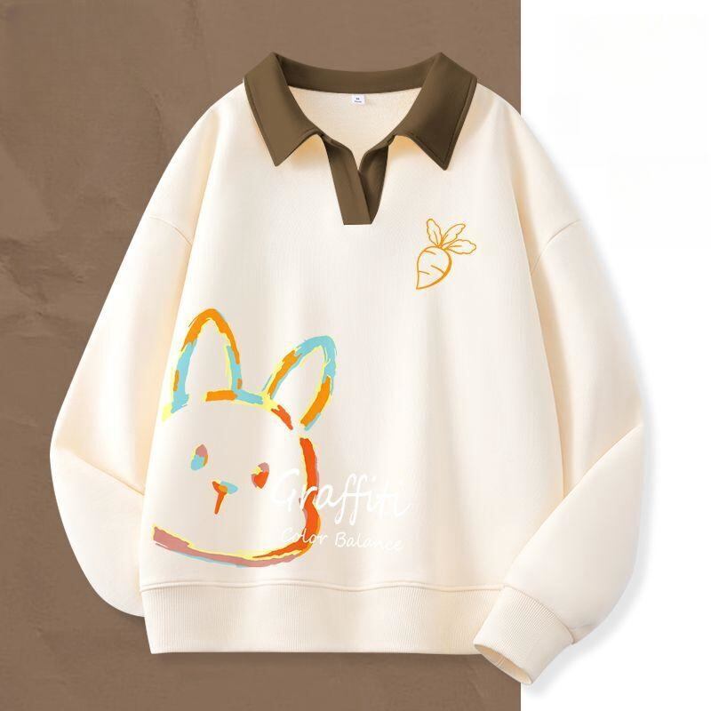 大人可愛いウサギちゃんロゴポロネック裏起毛スウェット全6色<F-4507>