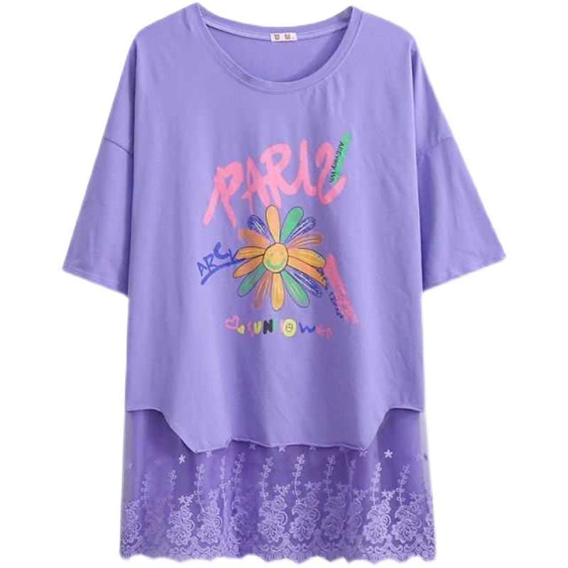 スウィート   レース プリント ロングTシャツ ゆったり半袖＜F-2952＞