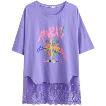 スウィート   レース プリント ロングTシャツ ゆったり半袖＜F-2952＞