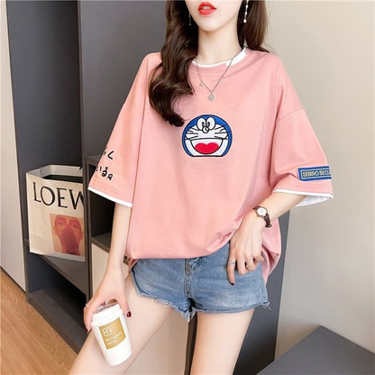 韓国系 ドロップショルダー 刺? レイヤードTシャツ ゆったり半袖 ＜F-3053＞