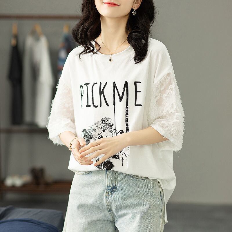 絶対欲しい レース エレガント 切り替え プリント 半袖Tシャツ＜F-8587＞
