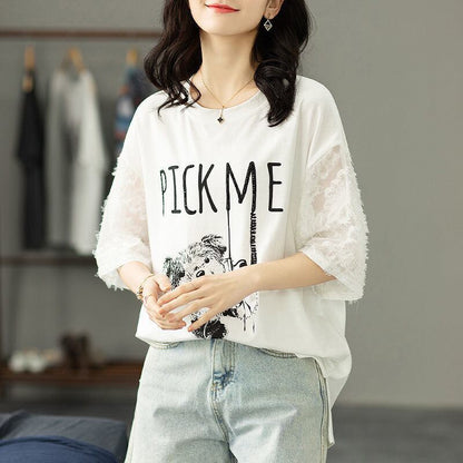 絶対欲しい レース エレガント 切り替え プリント 半袖Tシャツ＜F-8587＞