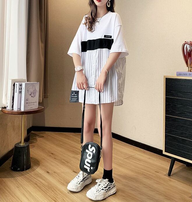 超人気 切り替え ストライプ柄 ラウンドネック プリント全2色 半袖Tシャツ<F-8741>