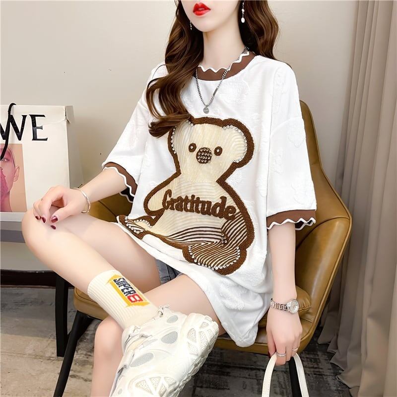 先進の重工業刺繍入りダイヤモンドベア半袖Tシャツ<F-2987>