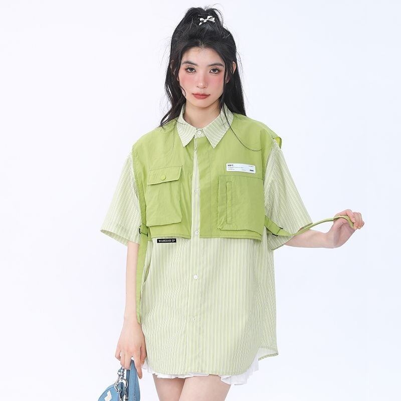 期間限定 ファッション 個性派 レイヤード風 切り替え プリント全3色 男女兼用 半袖TシャツF-9044