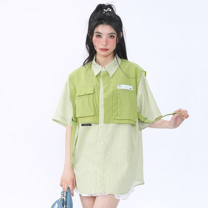 期間限定 ファッション 個性派 レイヤード風 切り替え プリント全3色 男女兼用 半袖TシャツF-9044