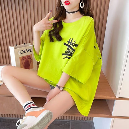 【人気商品再入荷！】   デザイン個性ゆったりミドル丈半袖Tシャツ<F-3036>