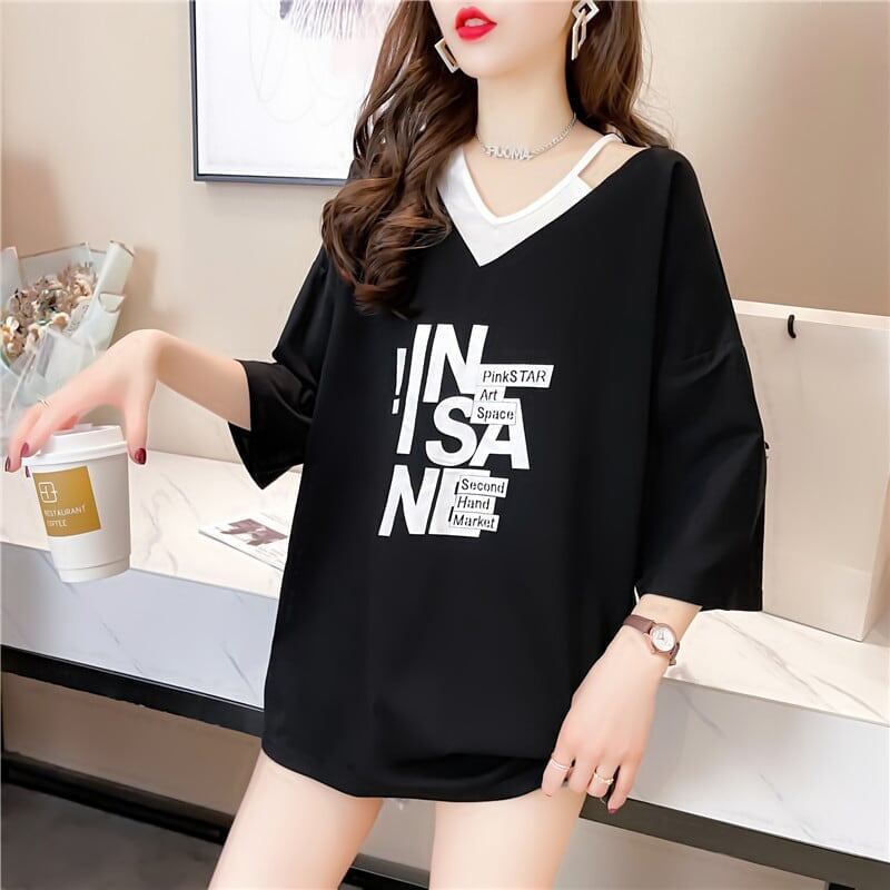 売れ筋 アルファベット Vネック フェイクレイヤード ゆったり 着?せ 半袖 Tシャツ ＜F-2005＞
