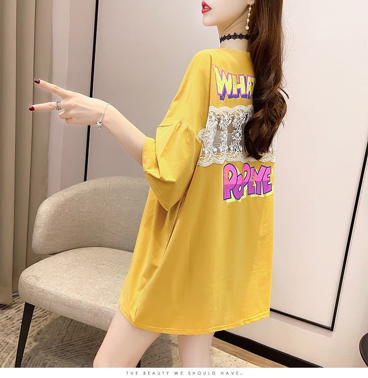 【半額！期間限定！！】グラフィック   透かし彫り Tシャツ ゆったりワンピース ＜F-4021＞