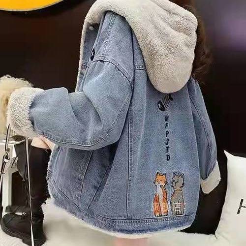 もこもこ裏起毛デニムジャケット厚手アルファベットロゴコート<F-4441>