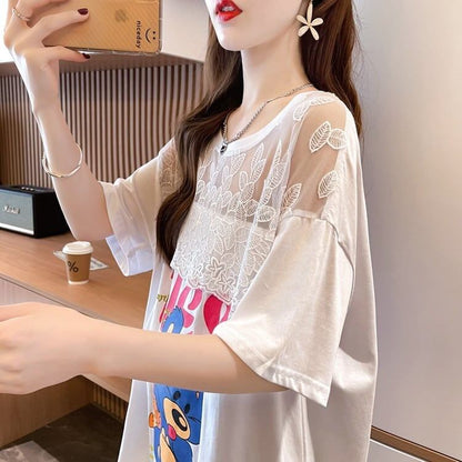 ファッションデザインレースミドル丈半袖Tシャツ<F-3017>