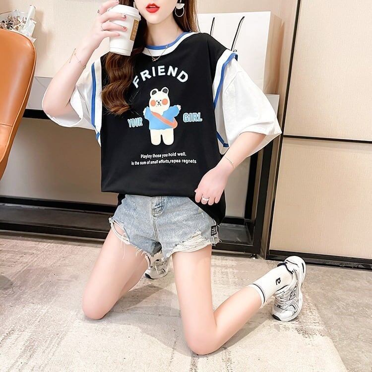 デザインセンス漫画フェイクツーピース半袖Tシャツ<F-3037>