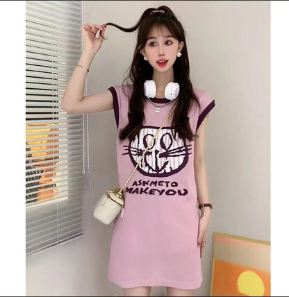 好感度100％   可愛い猫柄 Tシャツ ゆったり半袖 ＜F-2867＞