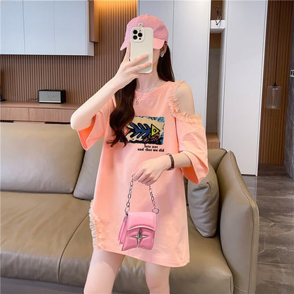 おしゃれ度高め レース 美人度アップ 切り替え プリント全4色 Tシャツ カットソー＜F-9213＞