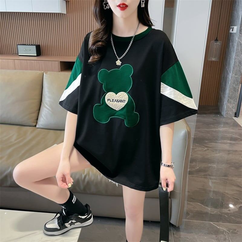 カジュアルルーズワッペン刺繍ステッチカラーブロック半袖Tシャツ<F-2870>