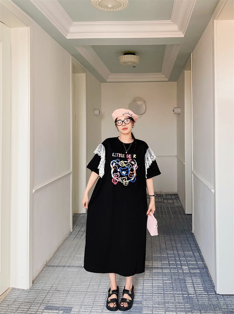 おすすめ レース ファッション 切り替え プリント Tシャツ カットソー ワンピース＜F-8535＞