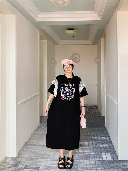 おすすめ レース ファッション 切り替え プリント Tシャツ カットソー ワンピース＜F-8535＞