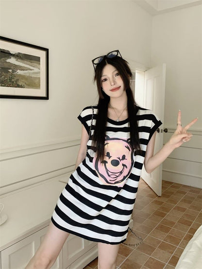 おしゃれ度アップ   ストライプ柄 Tシャツ ゆったり ワンピース＜F-2977＞