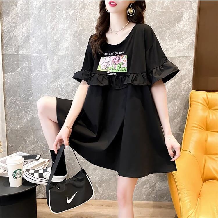 ミドル丈のイレギュラー半袖Tシャツワンピース<F-5007>