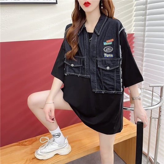 ウエスタンテイストのエイジレスなデザインセンスのデニム継ぎ半袖Tシャツ<F-2912>