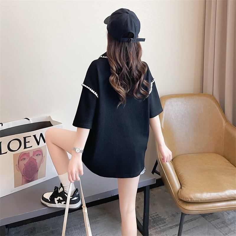 美人度アップ   ワッフル ロング Tシャツ ゆったり半袖 ＜F-2930＞